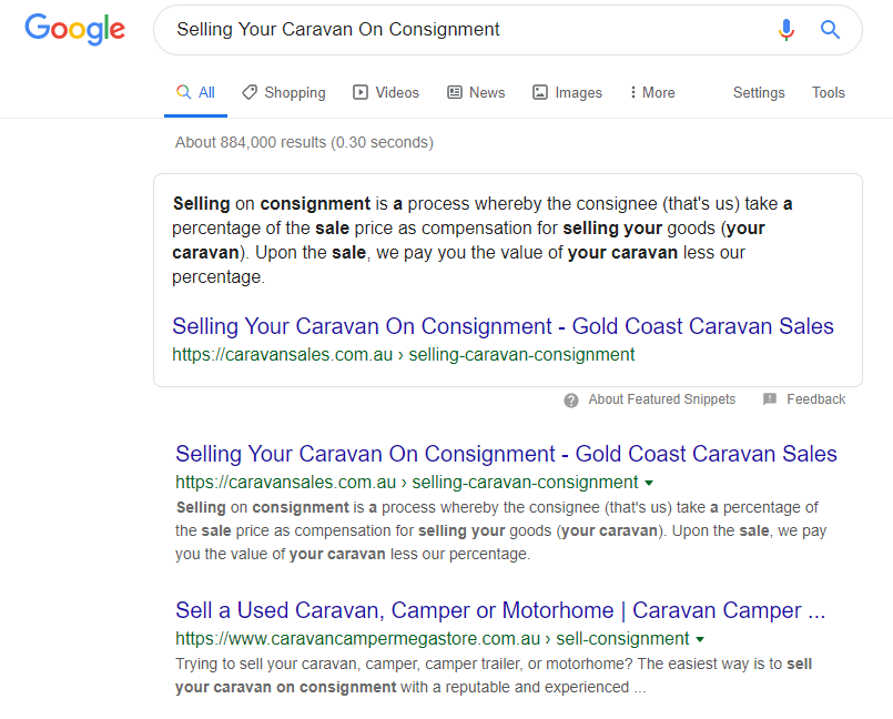 featured snippet for Caravan Sales
